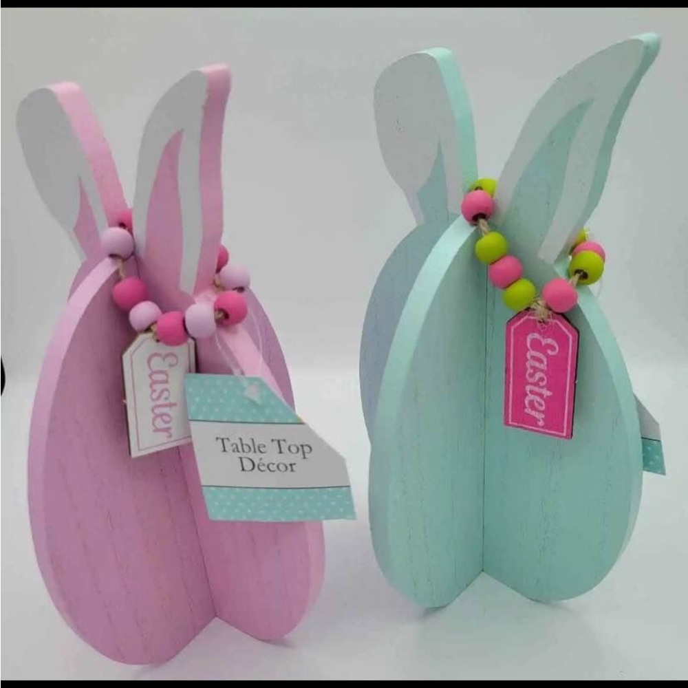 2 Pastel Wooden Easter Bunny Rabbit Egg Table Decor